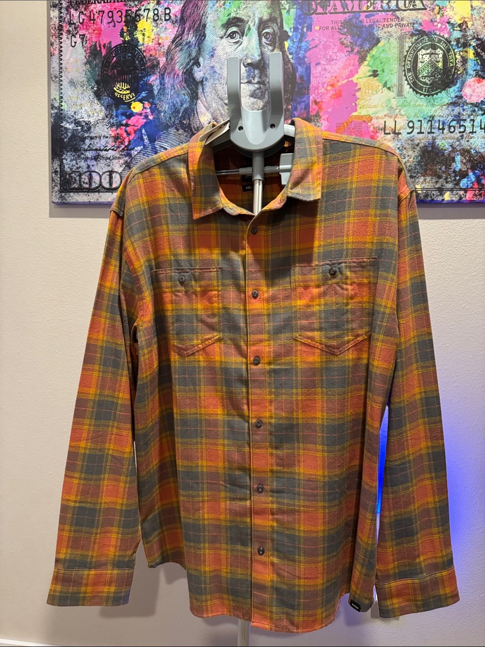 Prana Men's Orange and Brown Plaid Button-Down Shirt